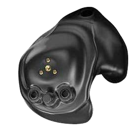 a black hearing aid with gold buttons