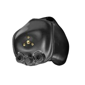 a black hearing aid with gold buttons